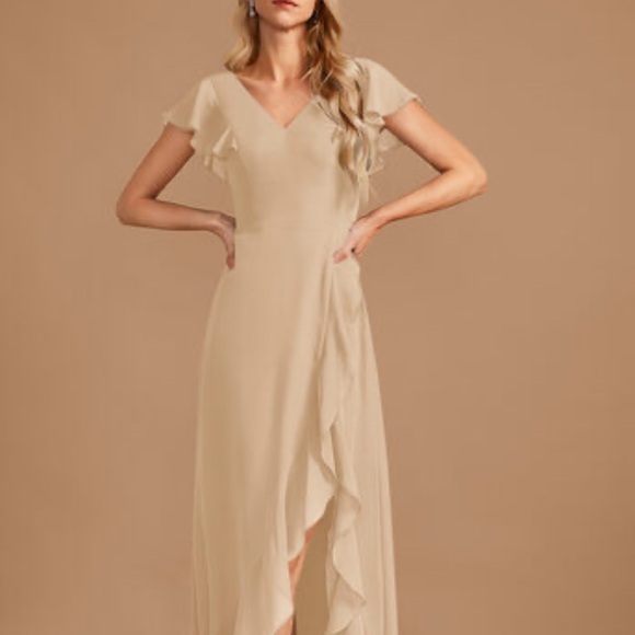Dress Day Dresses & Skirts - Tan Asymmetrical Silky Sundress with Flutter Sleeves